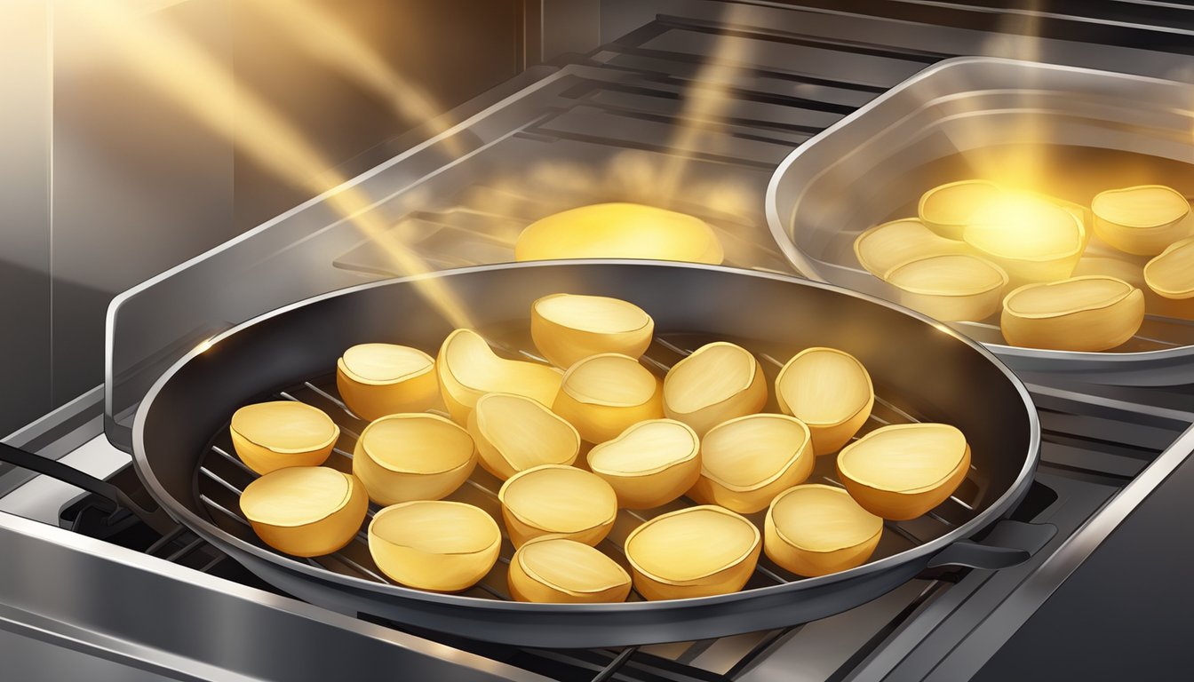 Sliced potatoes and oil are being baked in an oven, emitting a golden glow. A separate batch of sliced potatoes is being fried in a sizzling pan