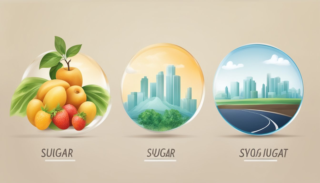 A comparison of date sugar and white sugar, with images of healthy fruits and a polluted environment