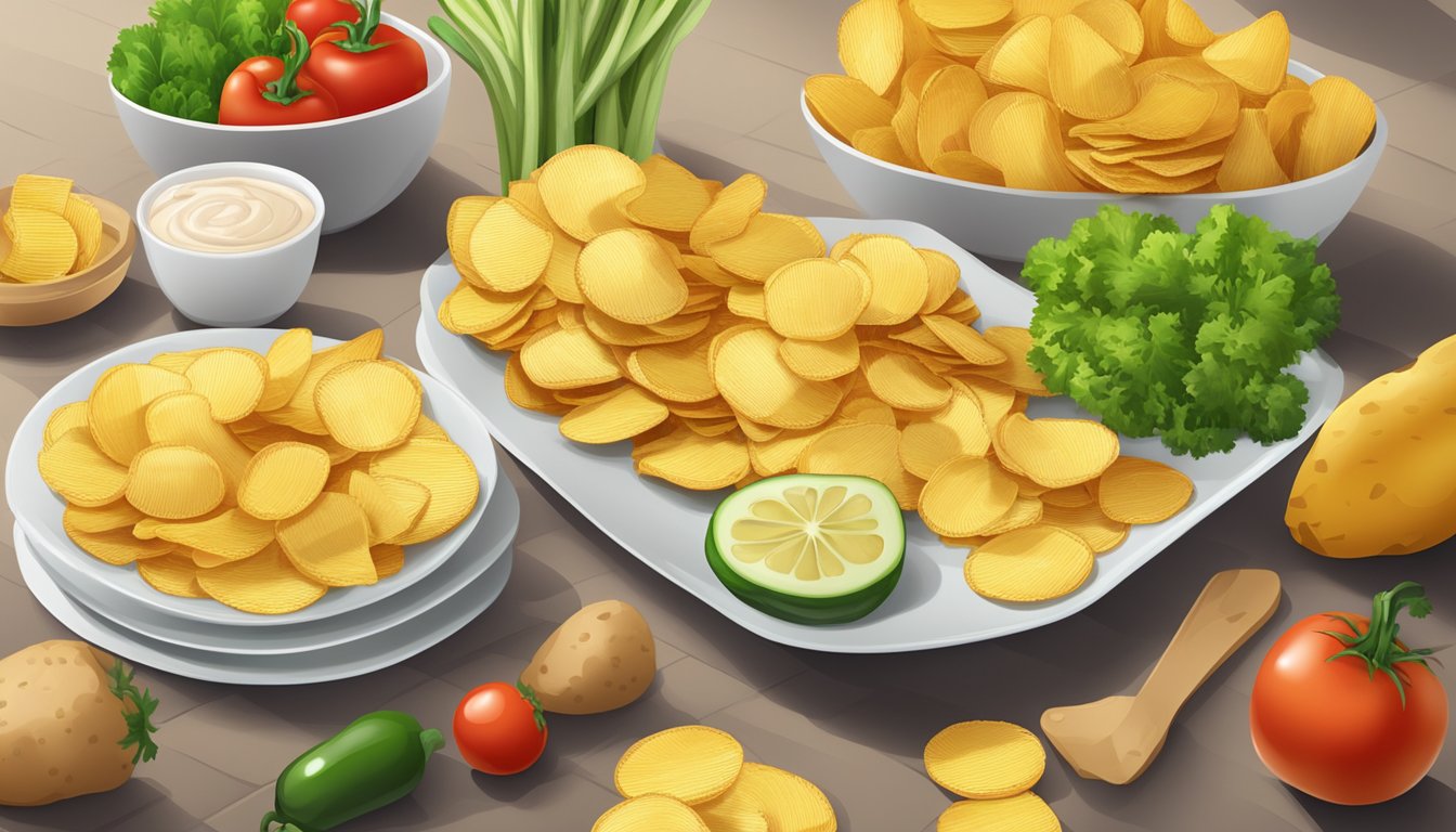 A plate of baked and fried potato chips next to each other, with a measuring tape and a pile of vegetables in the background