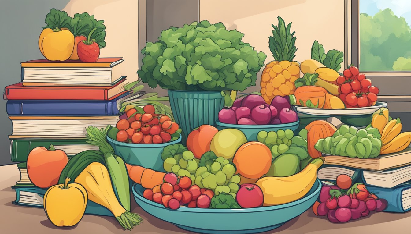 A table piled with colorful fruits and vegetables, surrounded by books on nutrition and psychology. A scale sits in the corner, untouched