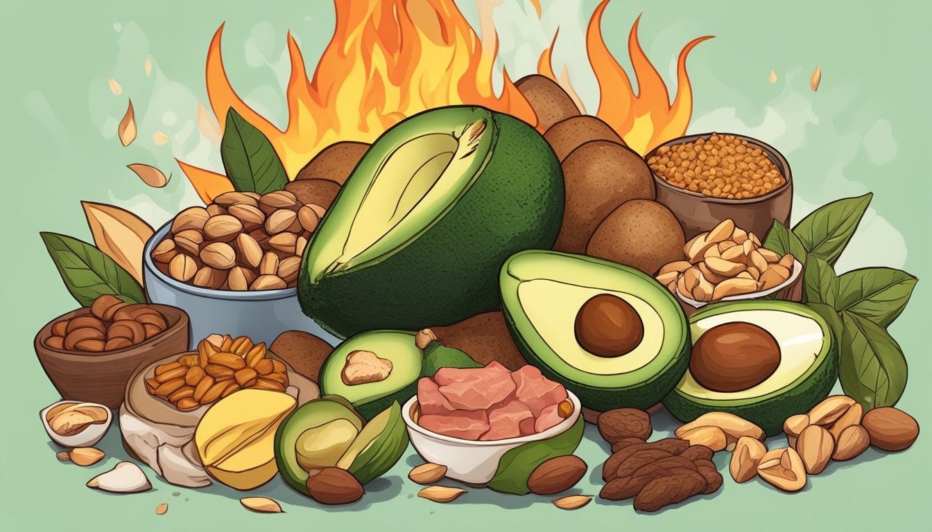 A pile of various foods like avocados, nuts, and lean meats surrounded by flames, symbolizing the debunking of the myth of fat-burning foods