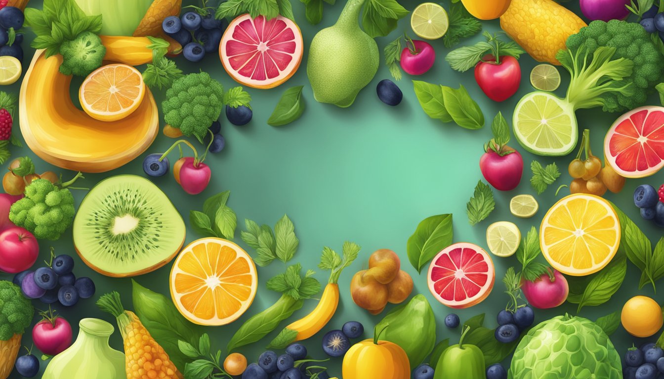 A vibrant array of fruits, vegetables, and herbs arranged around a glowing, golden elixir, symbolizing the concept of detoxification and the myth of the detox diet