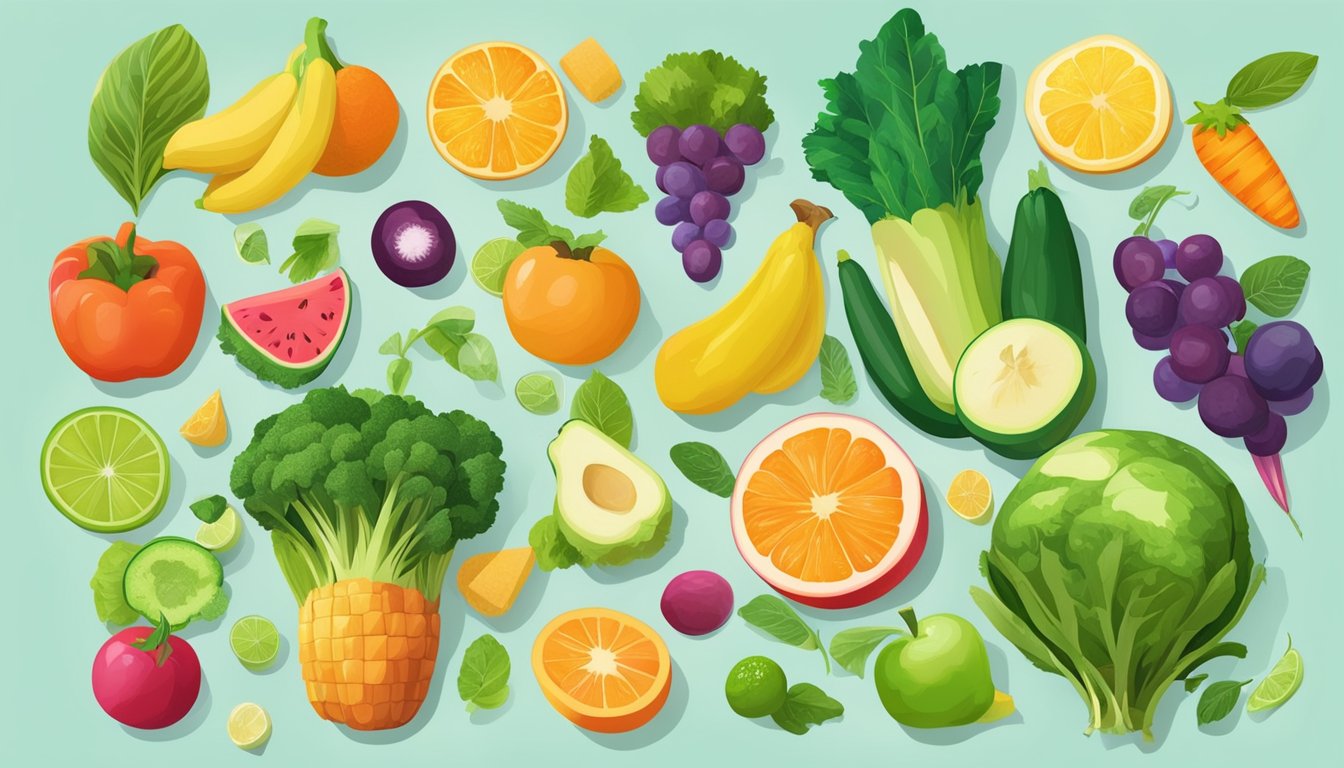 A vibrant array of colorful fruits and vegetables arranged on a table, with a variety of healthy and natural food options to replace detox diets