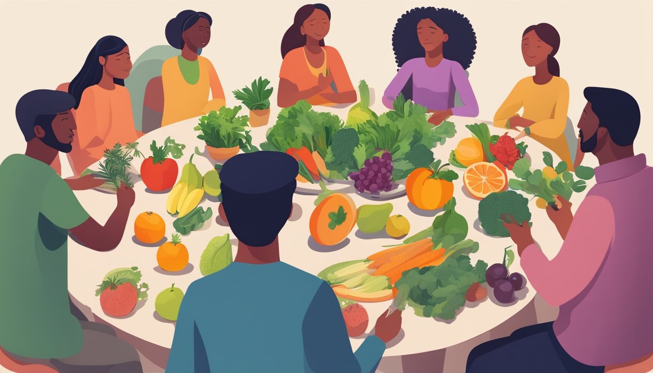 A table filled with colorful fruits, vegetables, and herbs, surrounded by people engaging in a lively discussion about the cultural and psychological aspects of detox diets