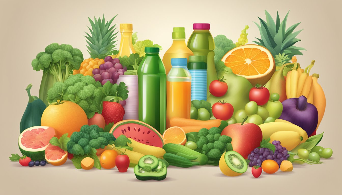 A pile of colorful fruits and vegetables surrounded by bottles of juice and supplements, with a banner reading "Detox Diets" hanging above