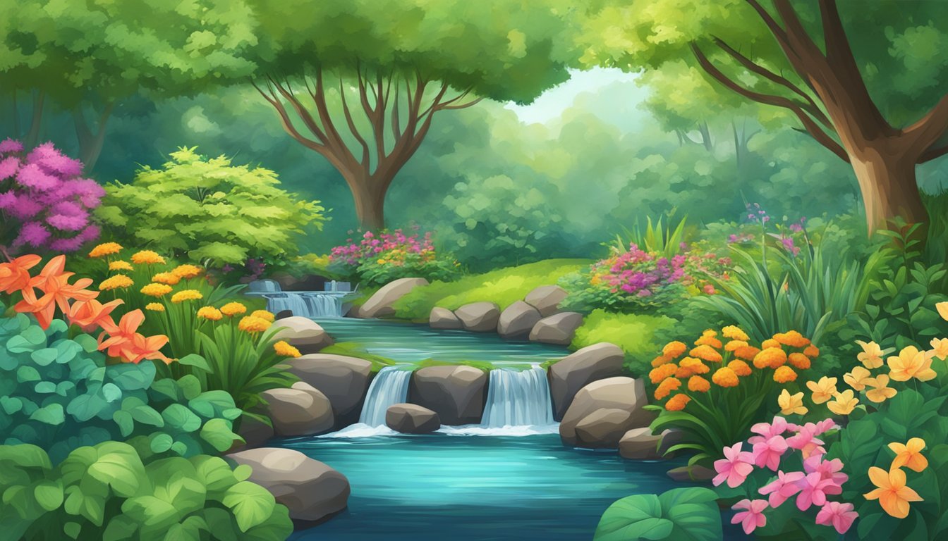 A serene, lush garden with a flowing stream, surrounded by vibrant, healthy plants and trees, symbolizing the idea of detoxification and chronic conditions