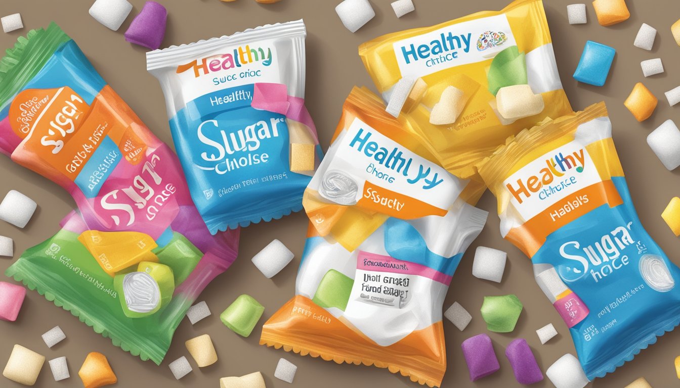 A colorful assortment of sugar alcohols and sugar packets arranged on a table, with a prominent "healthy choice" label