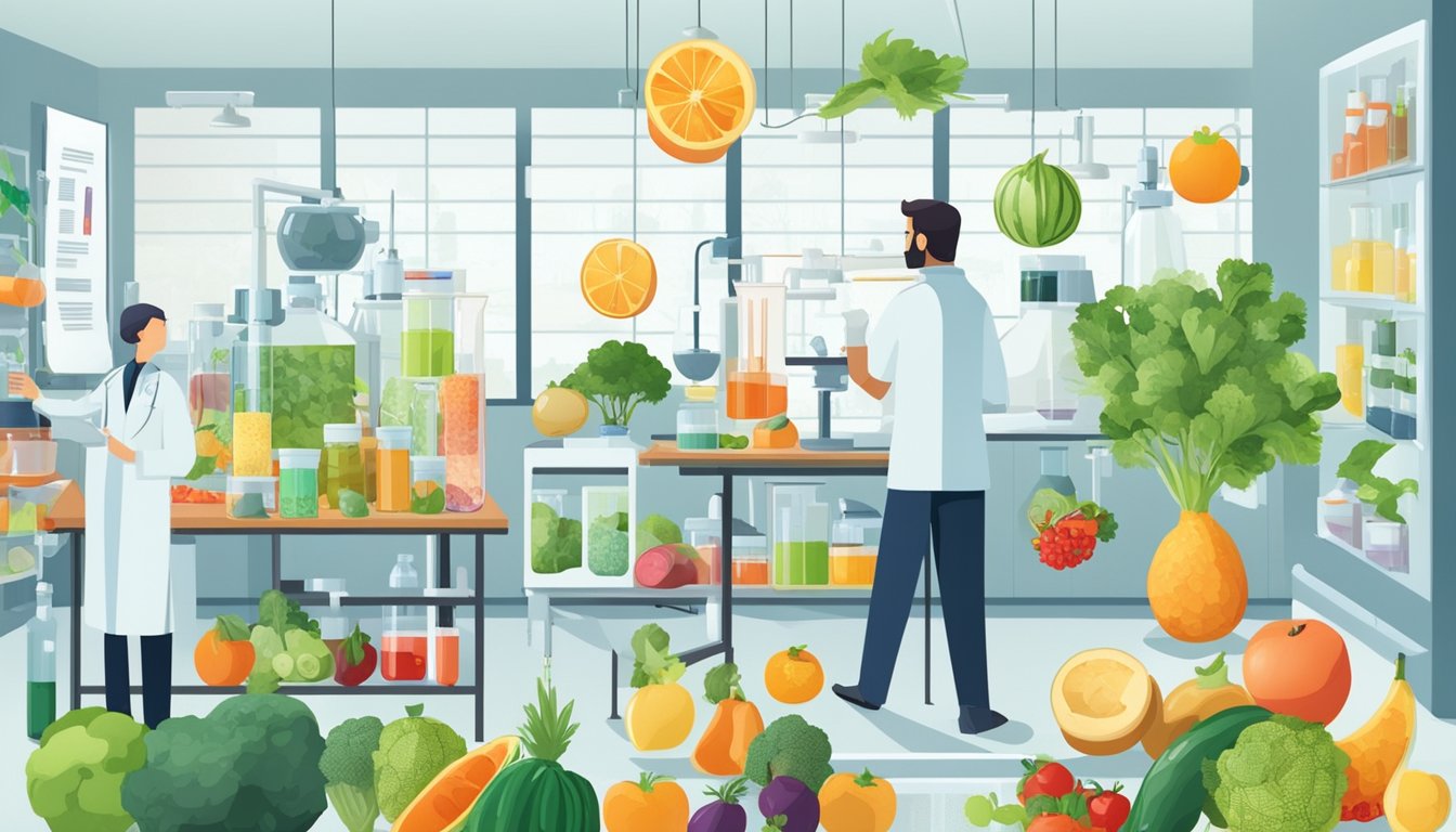 A laboratory with scientists conducting experiments on various fruits, vegetables, and supplements, while charts and graphs display detox research findings