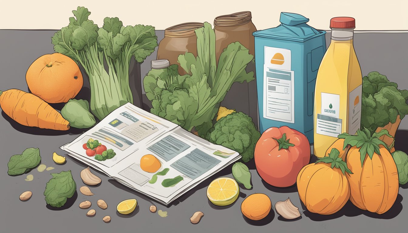 A pile of wilted vegetables and fruits sits next to a trash can, surrounded by empty supplement bottles and a discarded juice cleanse pamphlet