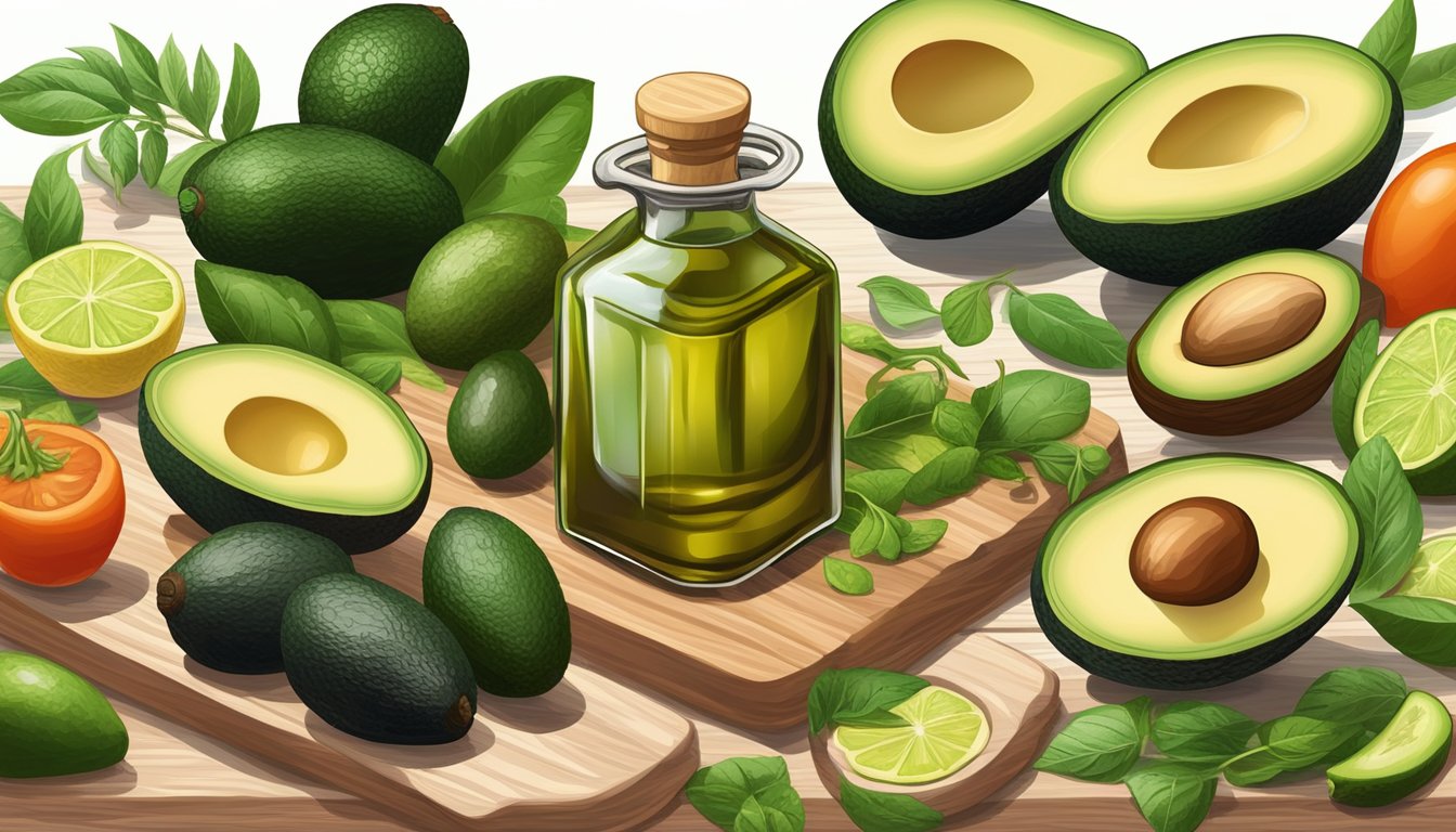 A bottle of avocado oil surrounded by fresh avocados, herbs, and vegetables on a wooden cutting board