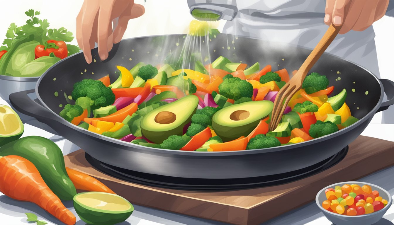 A chef drizzles avocado oil over a sizzling pan of colorful vegetables, creating a vibrant and healthy stir-fry