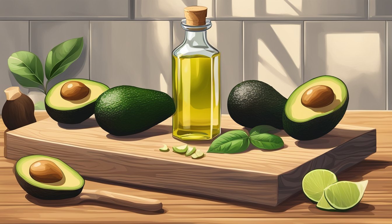 A bottle of avocado oil surrounded by fresh avocados and various cooking utensils on a wooden kitchen counter