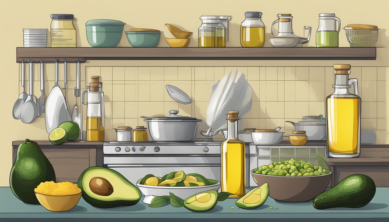 A kitchen scene with various cooking oils on a counter, including avocado oil. Nutritional information charts displayed nearby