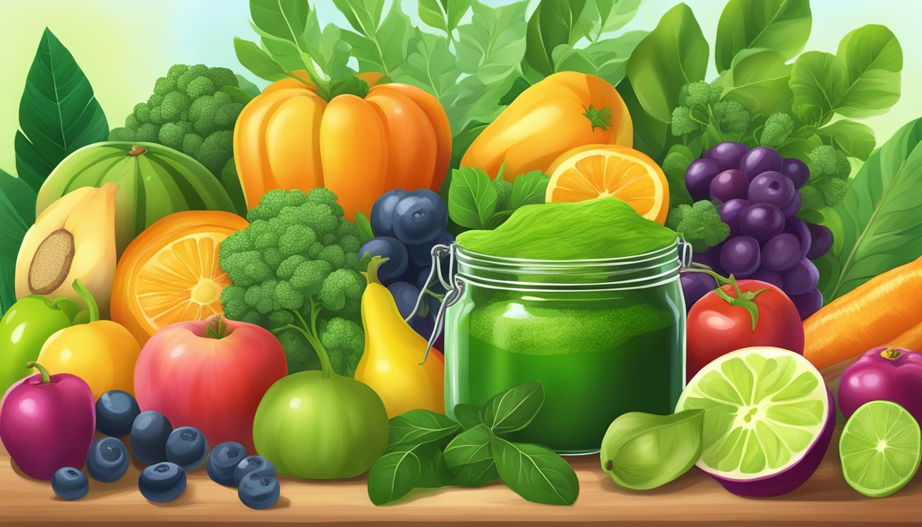 A colorful array of fresh fruits and vegetables, with a prominent jar of moringa powder, surrounded by vibrant green leaves and a glowing halo of light