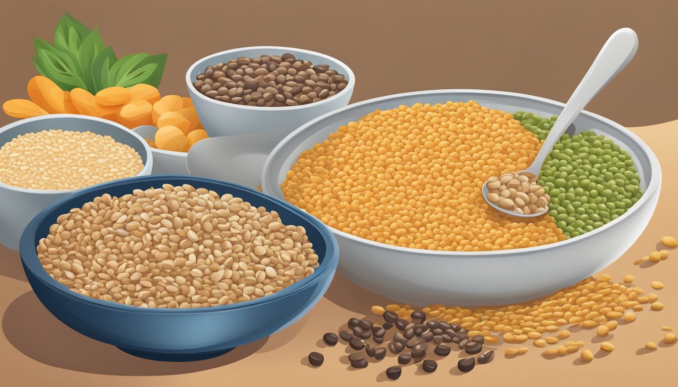 A bowl of whole grain cereal and a plate of legumes surrounded by various mineral-rich foods