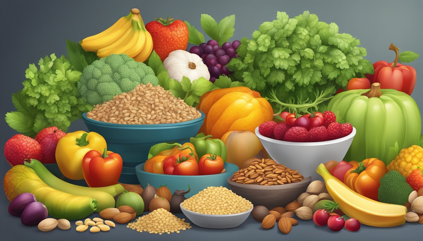 A pile of fruits, vegetables, grains, and nuts arranged in a colorful and appetizing display, with a variety of measuring tools nearby for nutritional analysis