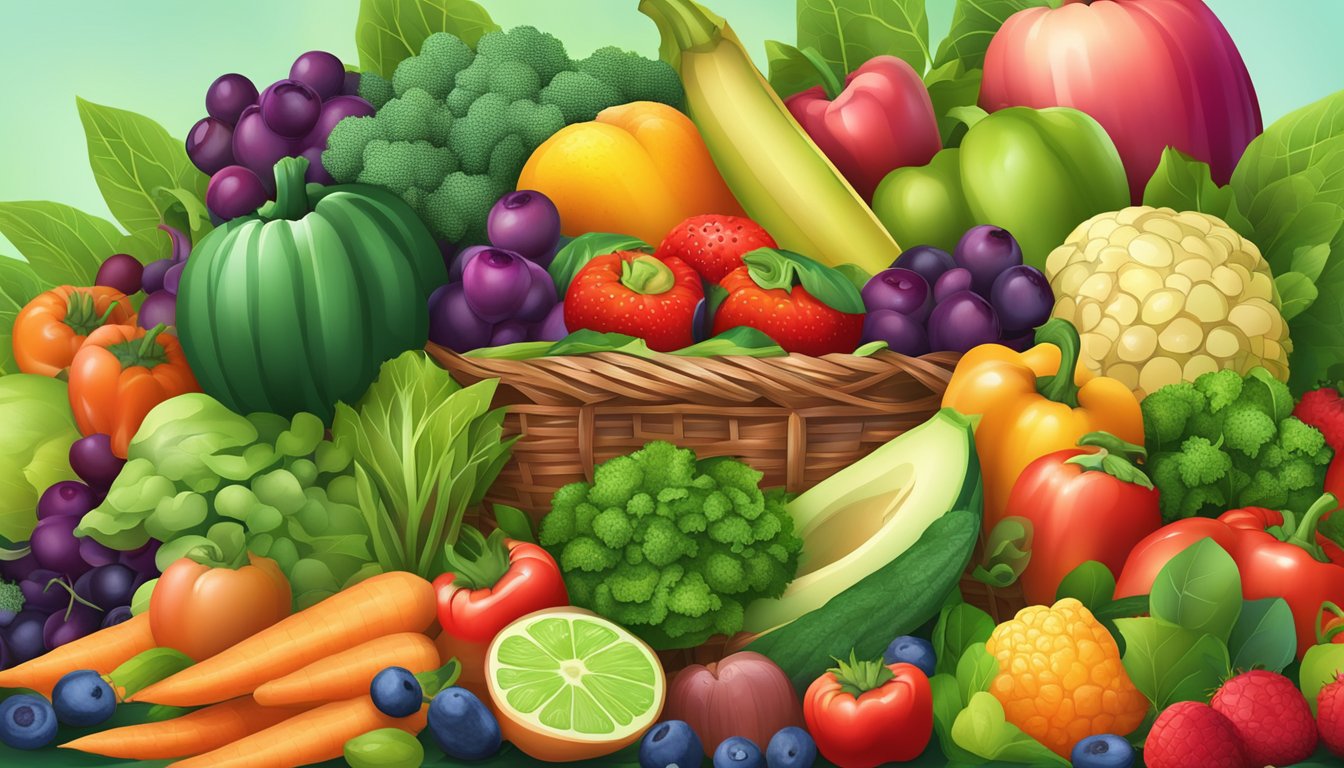 A pile of fresh fruits and vegetables spilling out of a basket, surrounded by vibrant green leaves and a variety of colorful, nutrient-rich foods