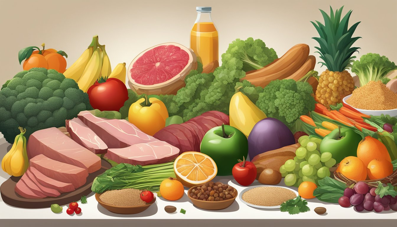 A diverse array of fruits, vegetables, grains, and meats spread out on a table, with a spotlight shining on the meat to highlight its central role in the diet myth