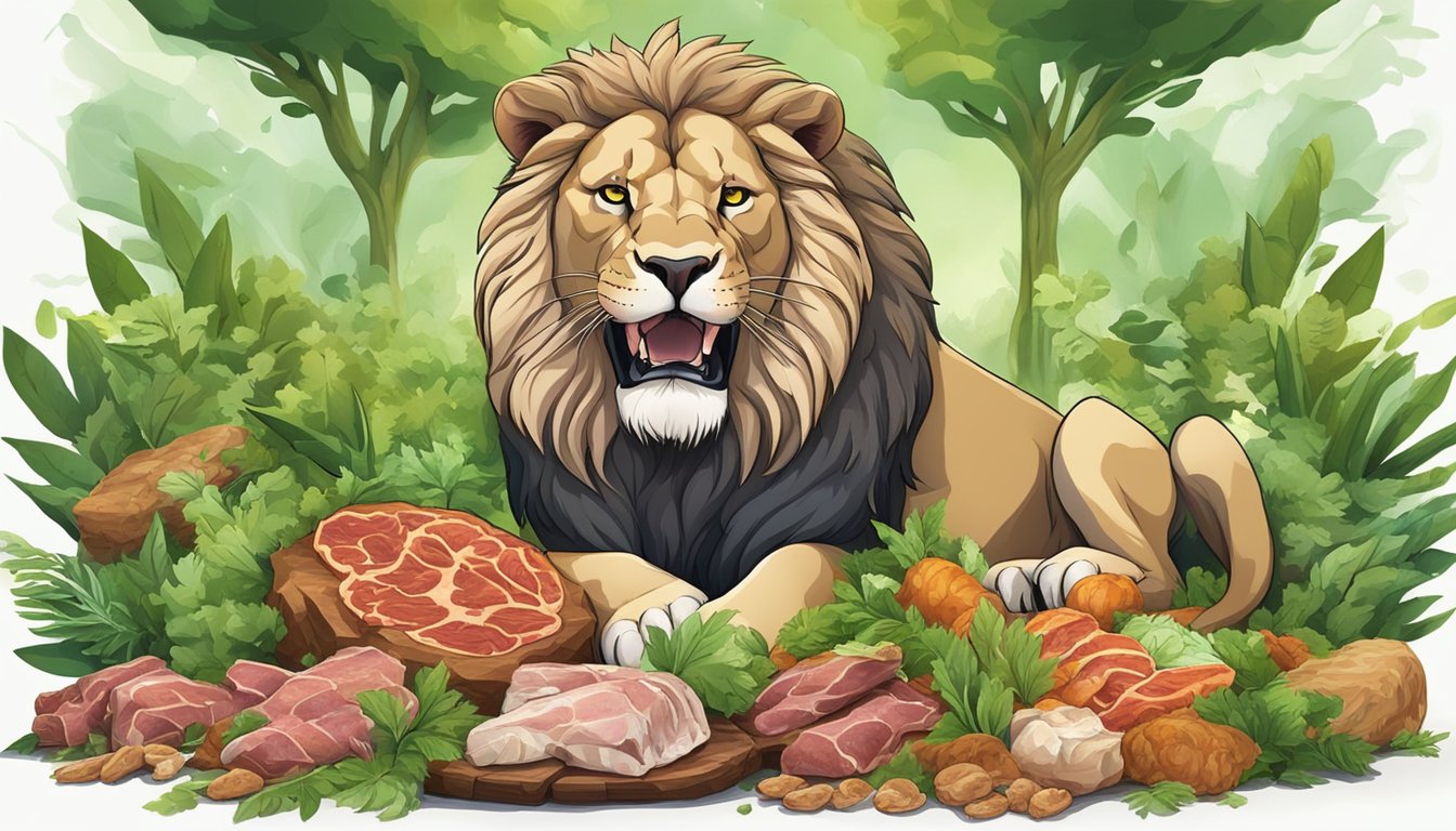 A roaring lion surrounded by various raw meats and bones, with a backdrop of lush green vegetation