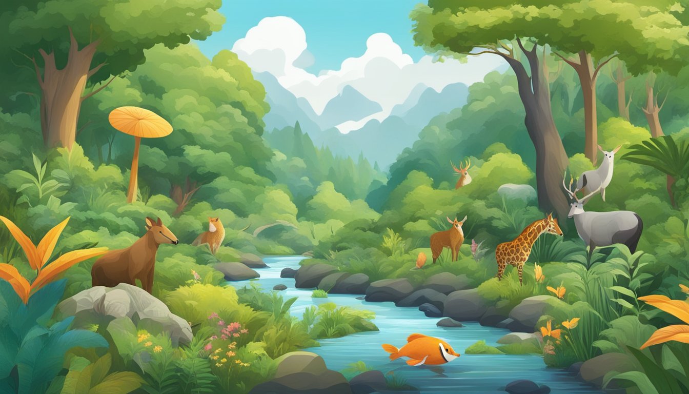 A lush forest with diverse plant life, a clear stream, and a variety of animals coexisting peacefully