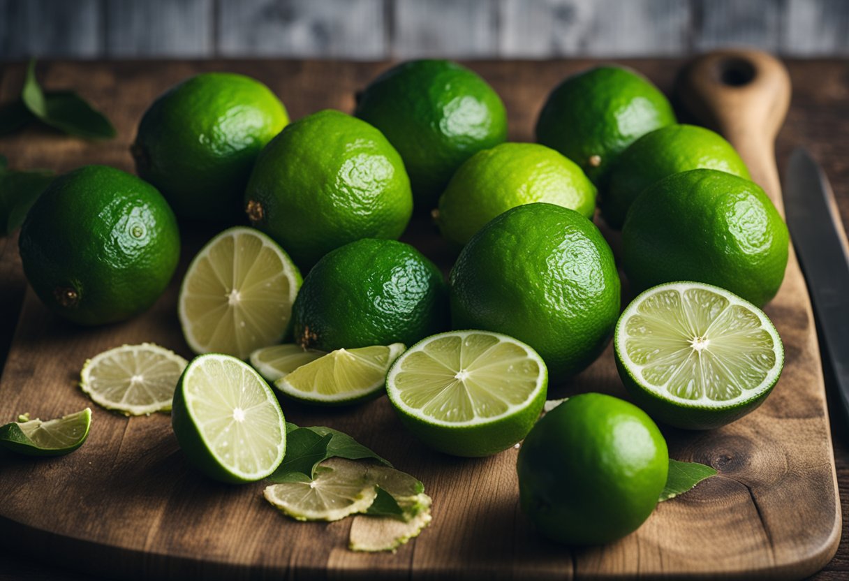 Dehydrated limes scattered on a rustic wooden cutting board, with a few whole limes in the background