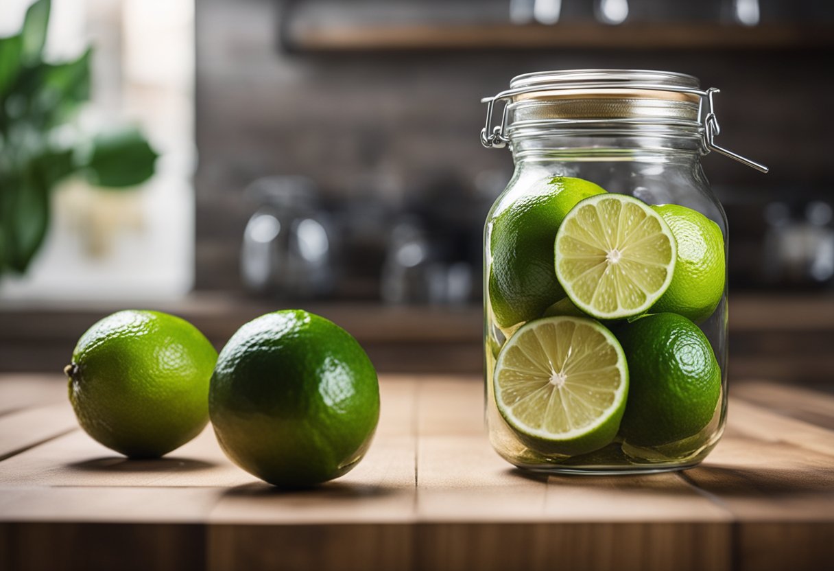 Dehydrated limes stored in a glass jar on a wooden shelf, with a label indicating "Post-Dehydration Storage."