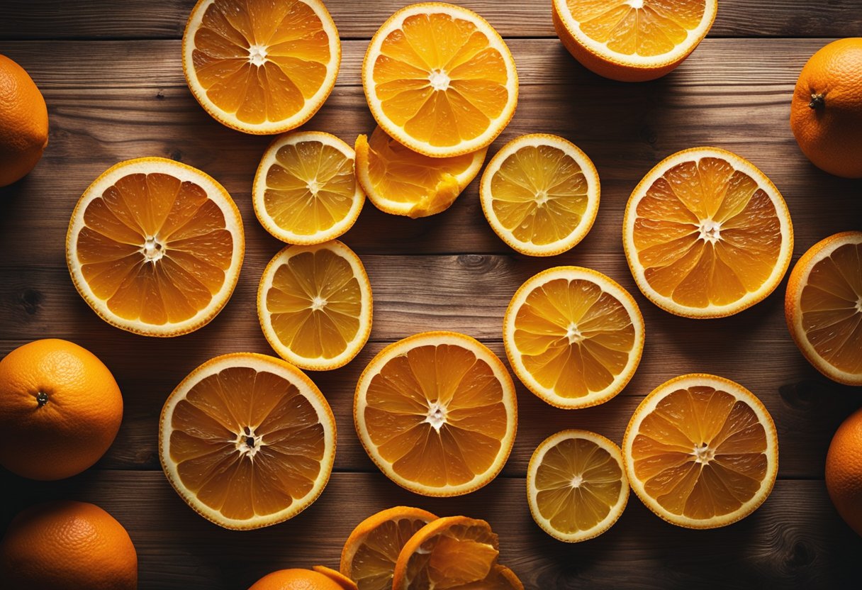 Dehydrated oranges arranged in a circular pattern on a rustic wooden surface, with sunlight streaming in from a nearby window