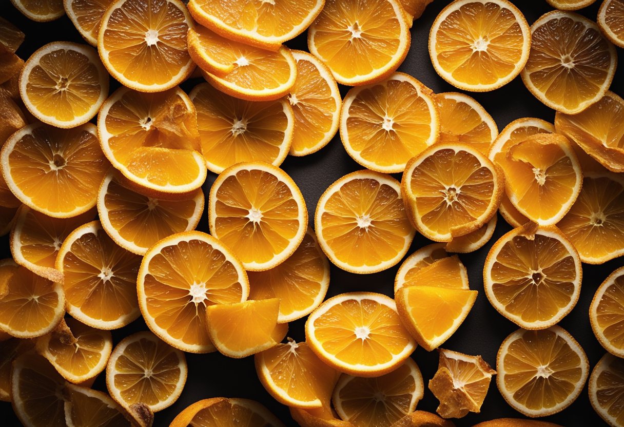 A pile of dehydrated orange slices arranged in a circular pattern, casting a warm, golden glow under the sunlight