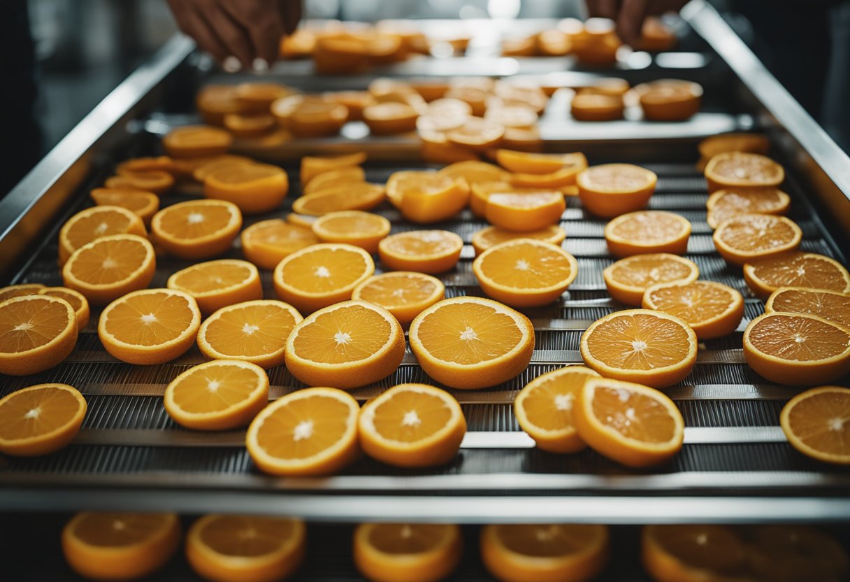 Oranges being sliced into thin rounds and arranged on dehydrator trays