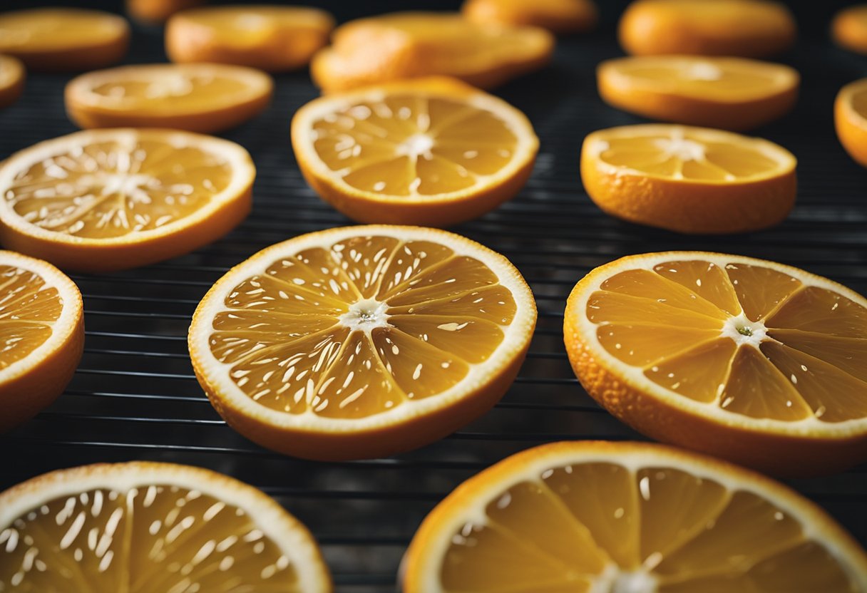 Fresh orange slices arranged on dehydrator trays, with warm air circulating around them, slowly transforming into shriveled, vibrant orange dehydrated oranges