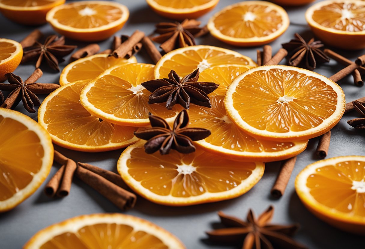 Dehydrated oranges arranged in a circular pattern, with vibrant colors and varying sizes, surrounded by dried leaves and cinnamon sticks