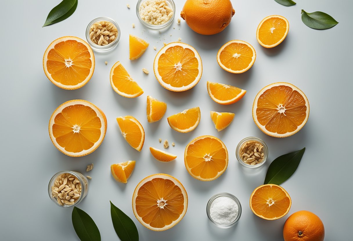 A table with various dehydrated orange products: slices, powder, and chunks in clear packaging, surrounded by fresh oranges and orange blossoms