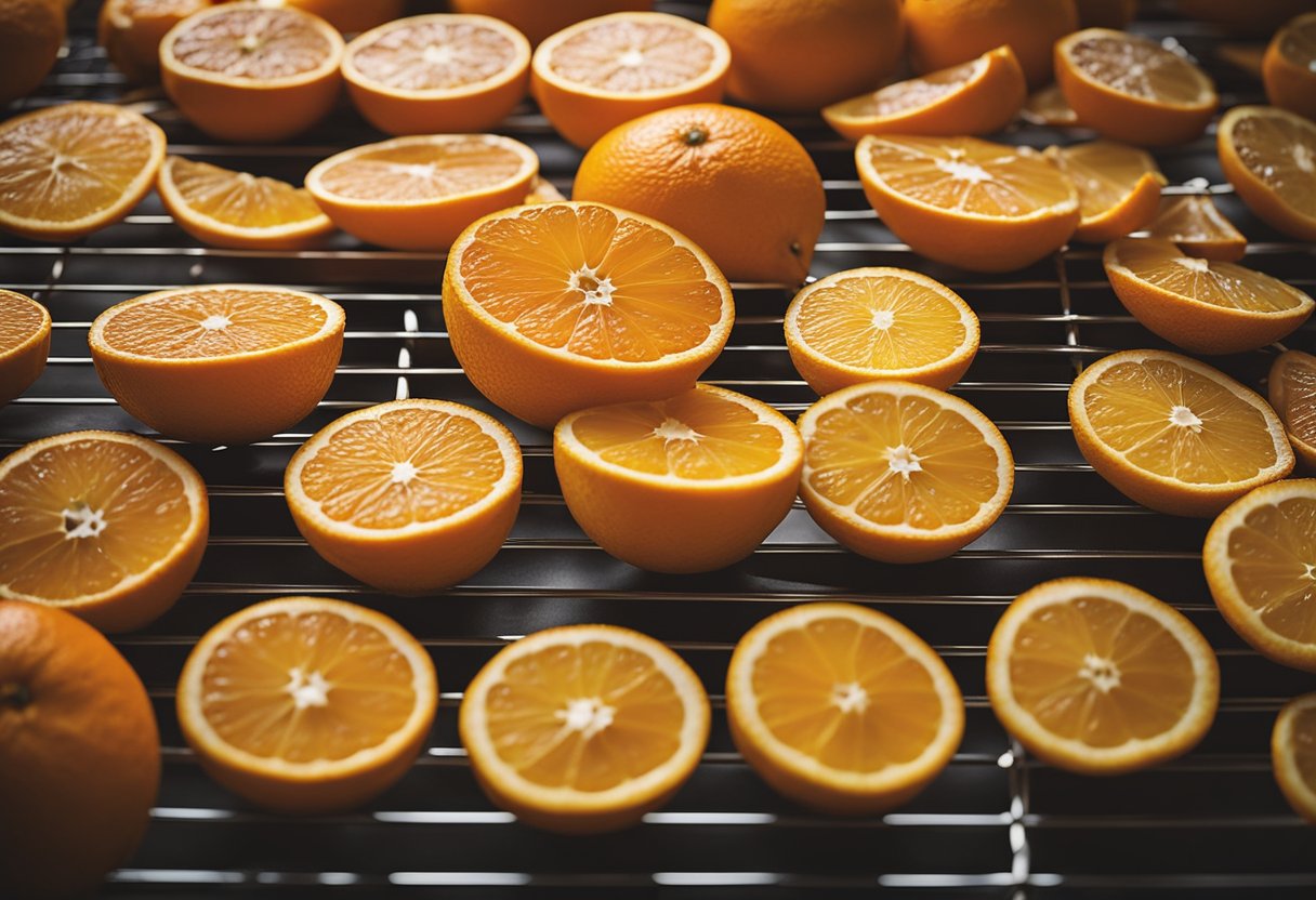 Slices of oranges laid out on a wire rack, placed in a warm, well-ventilated area to dry out