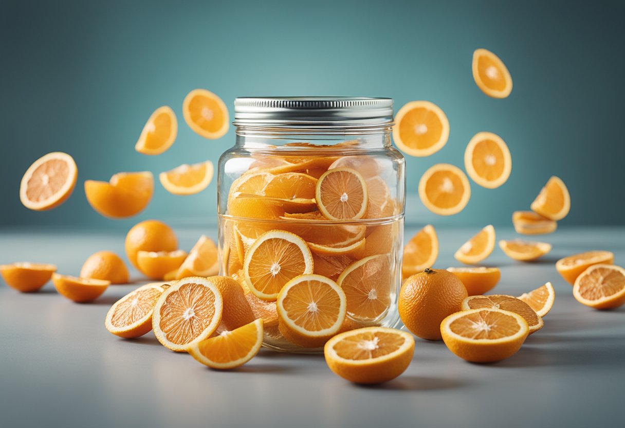 A stack of dehydrated oranges with question marks floating above them