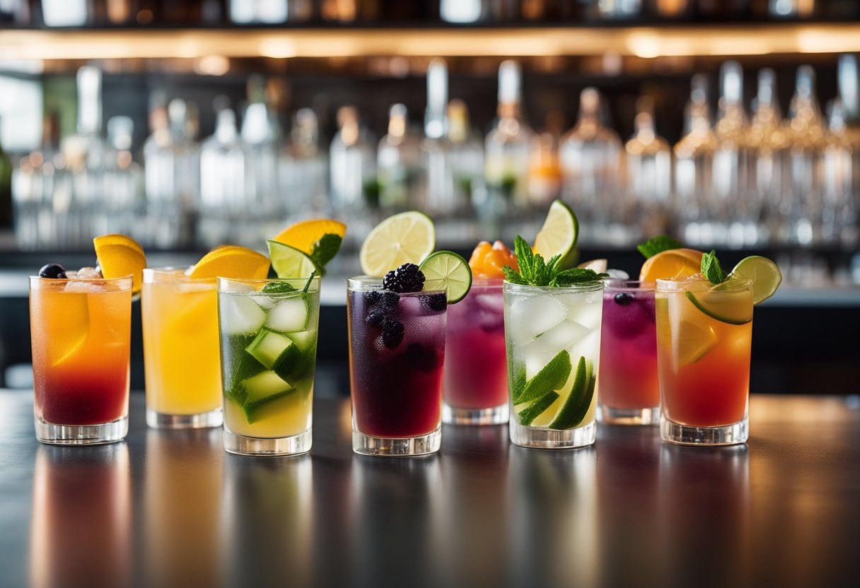 A colorful array of cocktails with dehydrated lime garnishes arranged on a sleek, modern bar counter