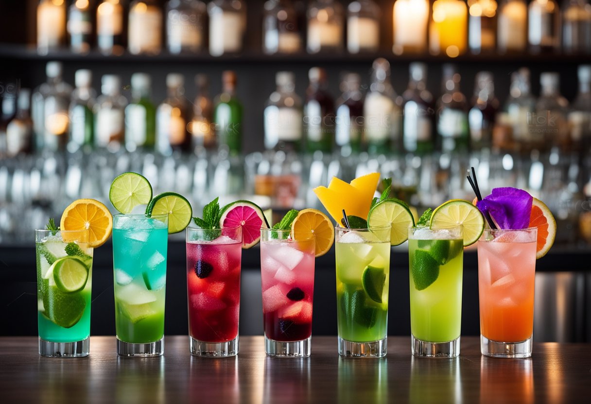 A colorful array of 10 cocktails, each garnished with dehydrated limes, arranged on a sleek bar counter