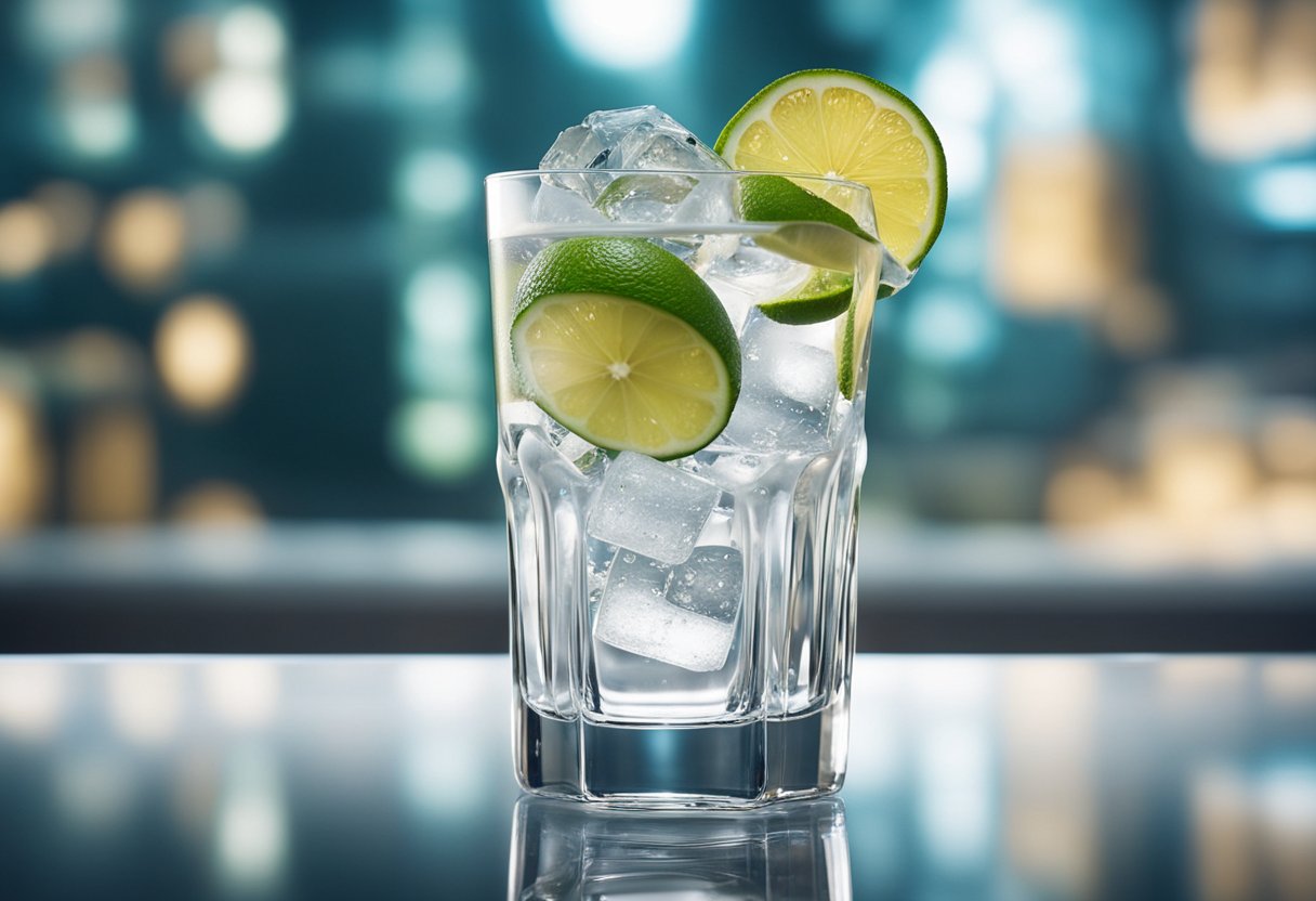 A tall glass filled with clear liquid, ice cubes, and a slice of dehydrated lime perched on the rim