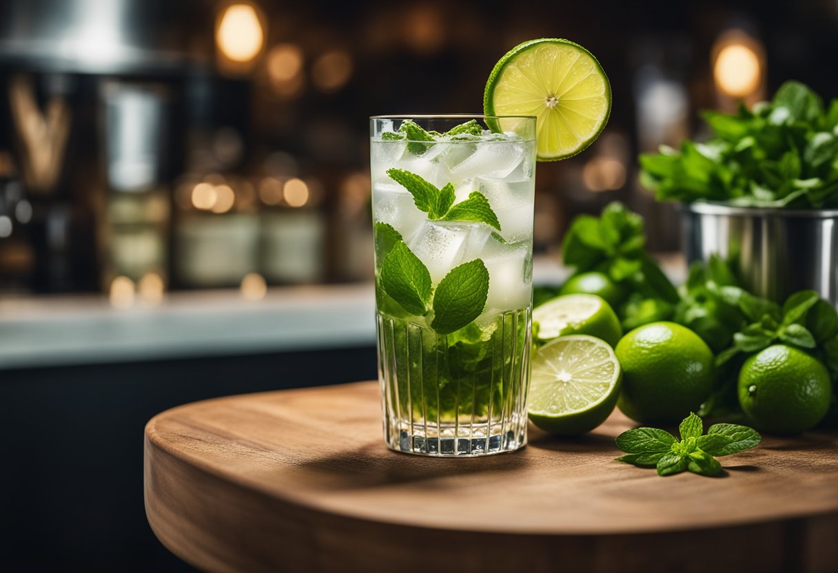 A mojito cocktail surrounded by dehydrated lime slices and other cocktail ingredients on a bar counter