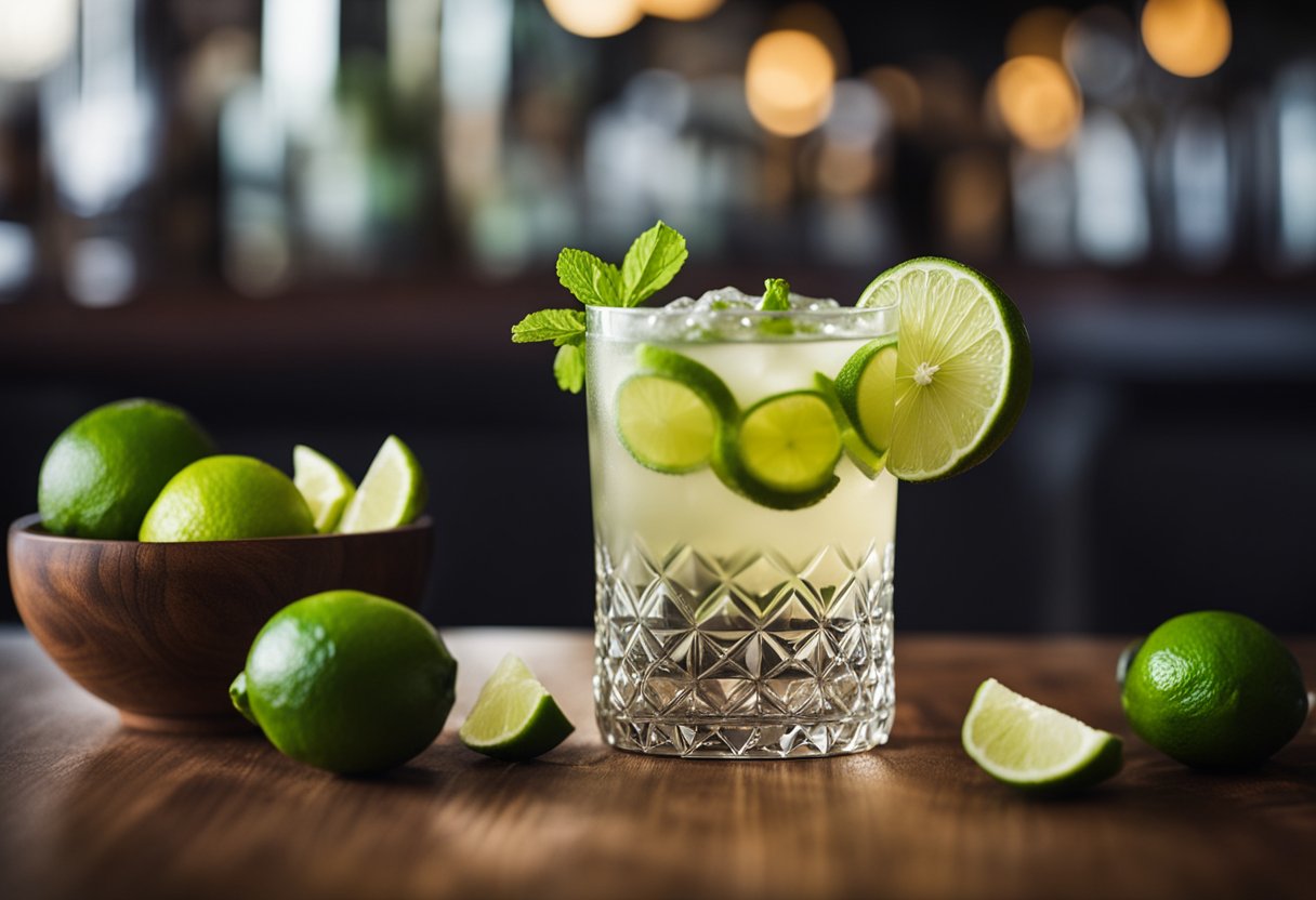 A caipirinha cocktail with dehydrated limes garnish on a wooden bar counter with a shaker and fresh limes in the background