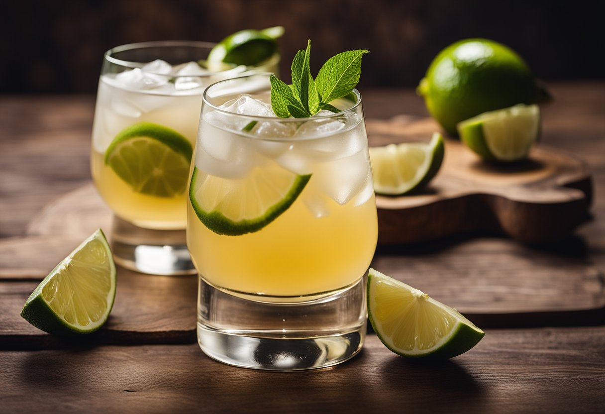 A whiskey sour cocktail surrounded by dehydrated limes and other cocktail ingredients on a wooden bar counter