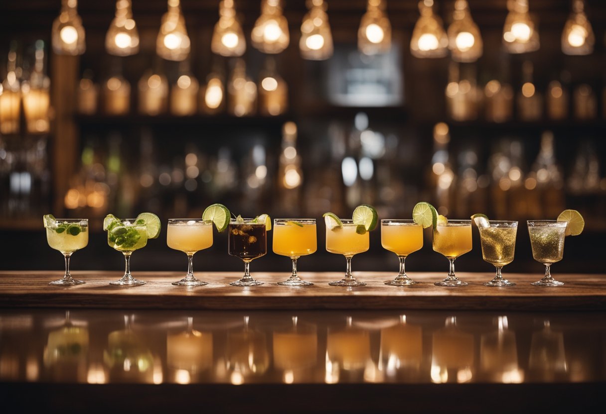 A rustic wooden bar with 10 classic cocktails adorned with dehydrated lime slices. Glasses glisten in the soft bar light