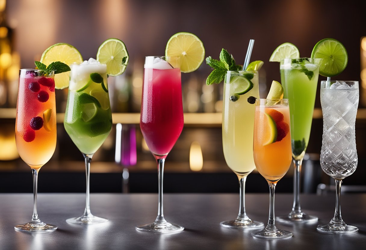 A colorful array of 10 cocktails with dehydrated lime garnishes arranged on a sleek, modern bar counter