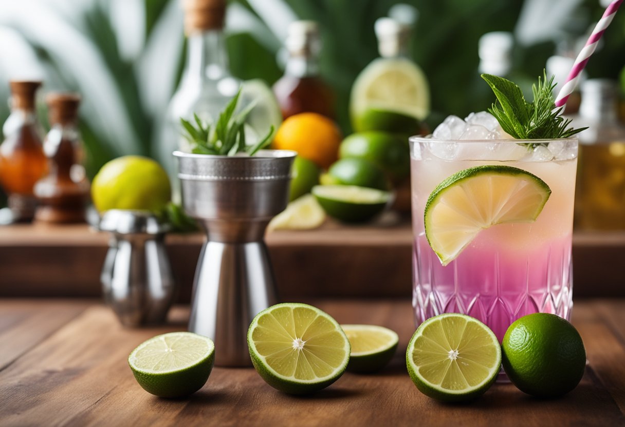 A tropical cocktail surrounded by dehydrated limes and vibrant garnishes on a wooden bar counter