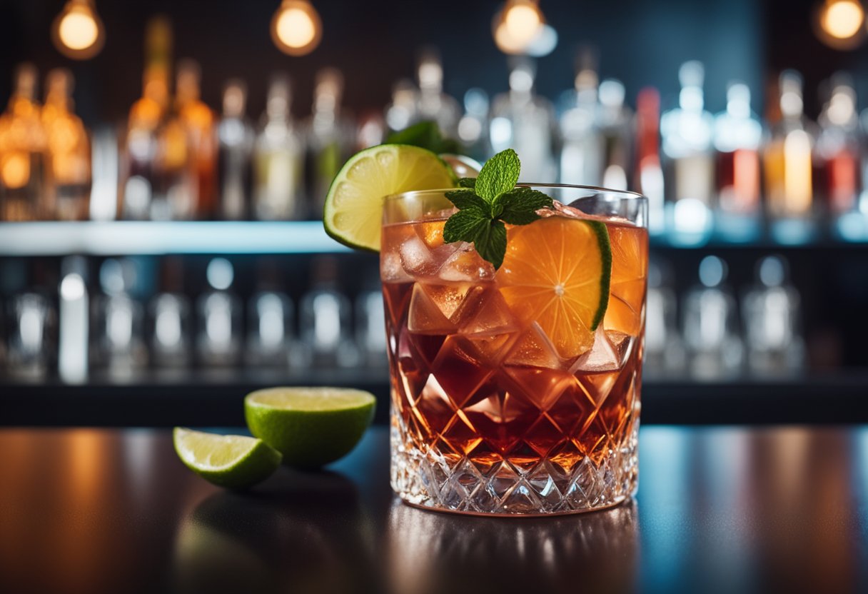 A stylish cocktail bar with a Negroni served in a stemmed glass, garnished with dehydrated limes and surrounded by other colorful cocktails