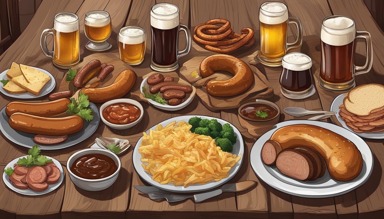 A table set with a mix of traditional German and Texan dishes, including sausages, brisket, sauerkraut, and barbecue sauce, surrounded by beer steins and cowboy hats