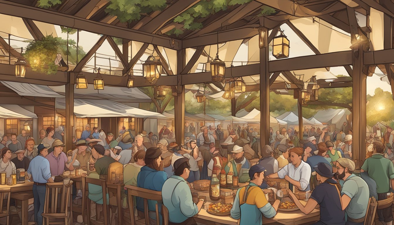 A bustling beer festival with Texan-German cuisine, featuring traditional dishes and lively music in a rustic outdoor setting