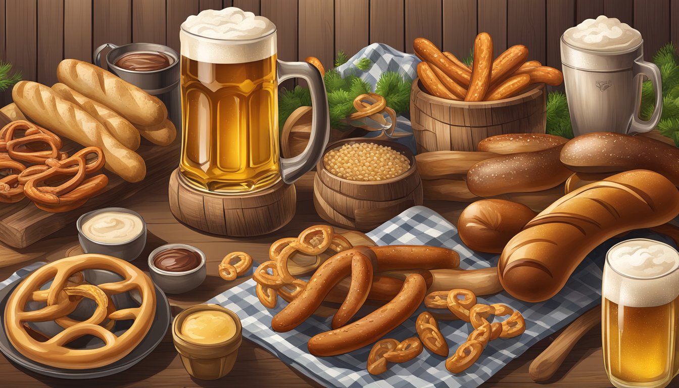 A traditional German-Texan beer and food festival with wooden beer steins, pretzels, sausages, and lively music