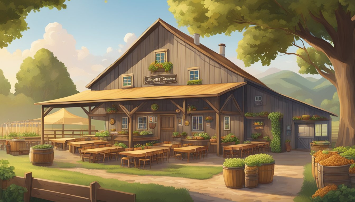 A German-Texan farm with fields of wheat and hops, a brewery alongside, and a table set with traditional German-Texan dishes