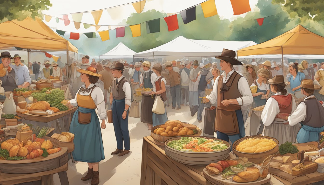 A bustling festival scene with traditional German and Texan attire, showcasing intricate craftsmanship in food and wine displays