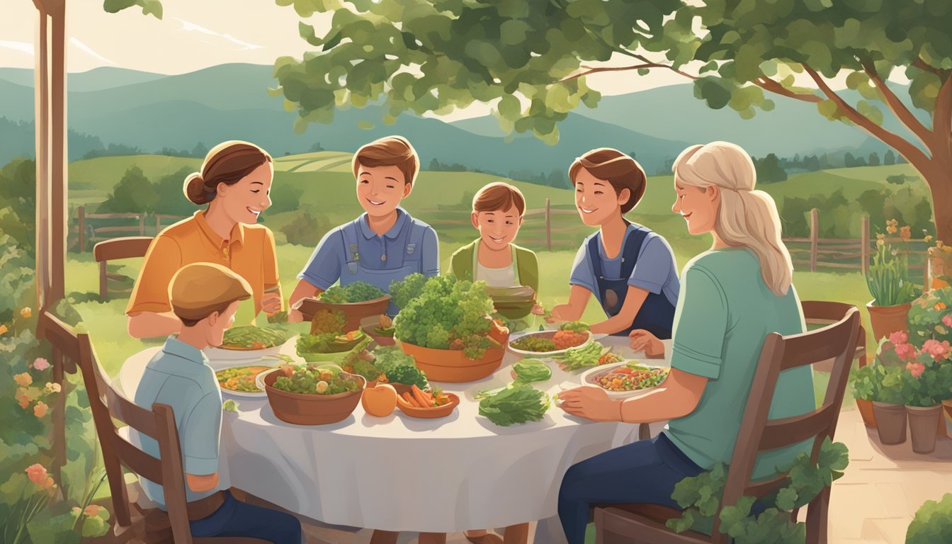 A German Texan family gathers around a table, enjoying a meal made with locally sourced ingredients. A garden in the background shows sustainable farming practices